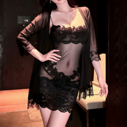Lace Babydoll Dress 3D Floral Applique Sheer Mesh Spaghetti Strap Nightgown Sexy Lingerie