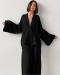 Loose-fit Line Gauze Pajama Bathrobe Set