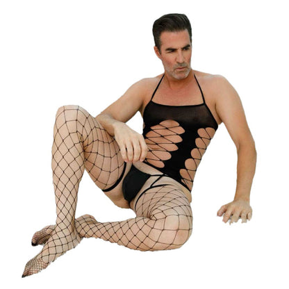 Men's Large Fishing Net Garter Belt Mesh Hollow See-Through Sexy Lingerie