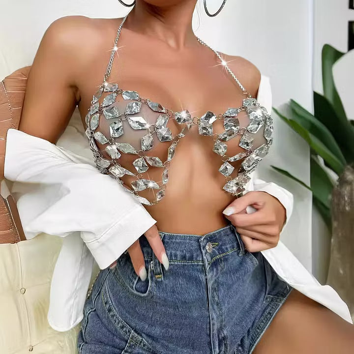 【$9.9】Shiny Crystal Pendant Backless Halter Bra