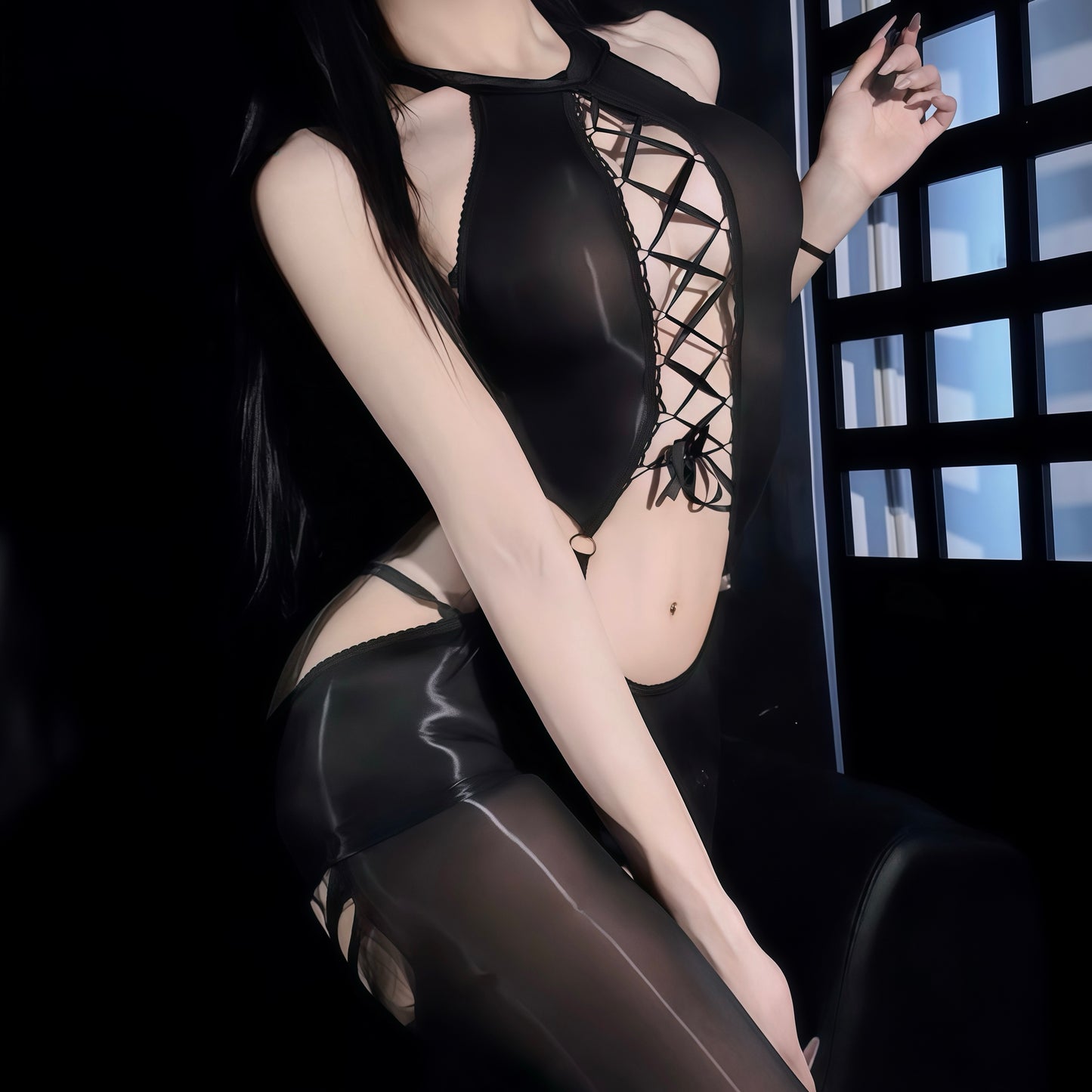 Glossy Seamless Halter Bodysuit with Silky Open-Crotch Pantyhose