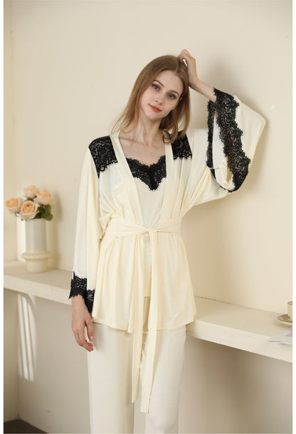 Sexy Modal Lace Backless Pajama Robe Camisole Set