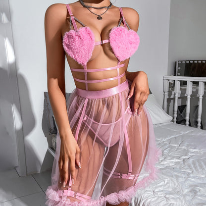 Pink Plush Heart Bra Sheer Mesh Nightdress Set
