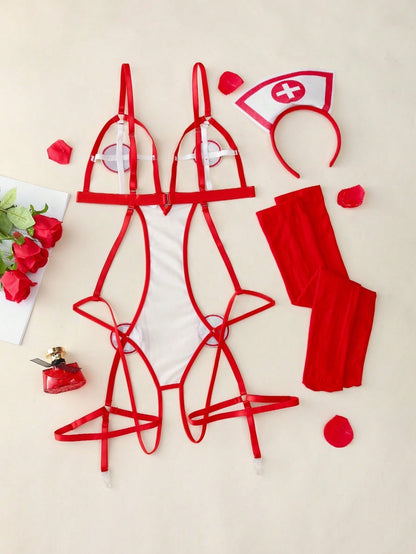 Nurse Costume Lingerie White Red Cross Teddy Bodysuit Garter Harness Set