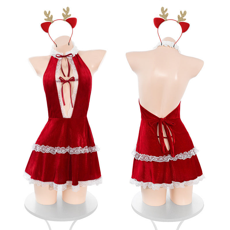 Christmas Sweetheart Deep V Halter Neck Dress Lingerie Set