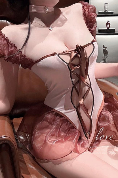 Corset Lingerie Set Lace Up Bustier with Ruffle Mini Skirt Fairycore Babydoll