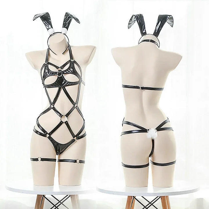 【$9.9】SM Bunny Girl Three-piece Leather Sexy Lingerie