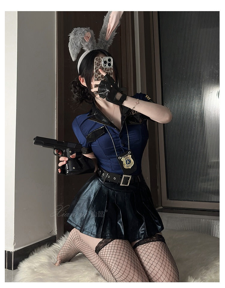 Police Cosplay Costume Bunny Ears Deep V Leather Skirt