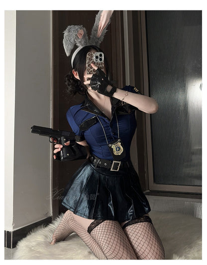 Police Cosplay Costume Bunny Ears Deep V Leather Skirt