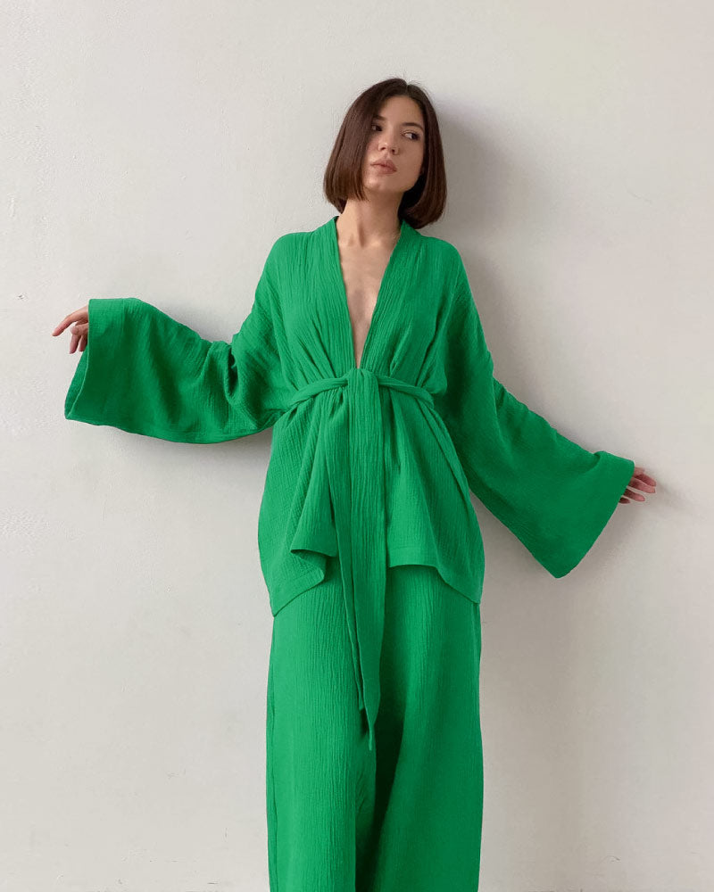 Loose-fit Line Gauze Pajama Bathrobe Set