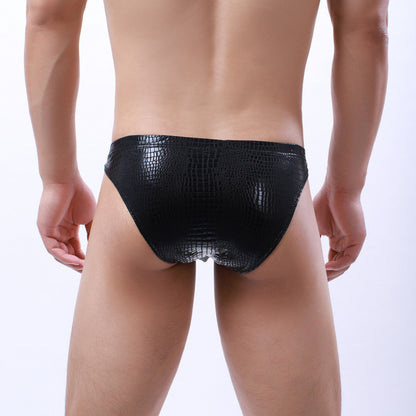 Men's Faux Leather Snake Print Thong Low Rise Sexy Briefs