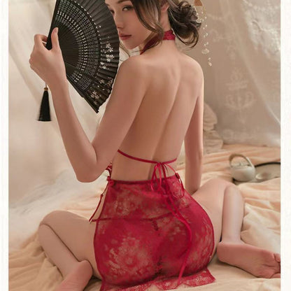 Halter Cutout Side Slit & Sheer Lace Qipao Lingerie