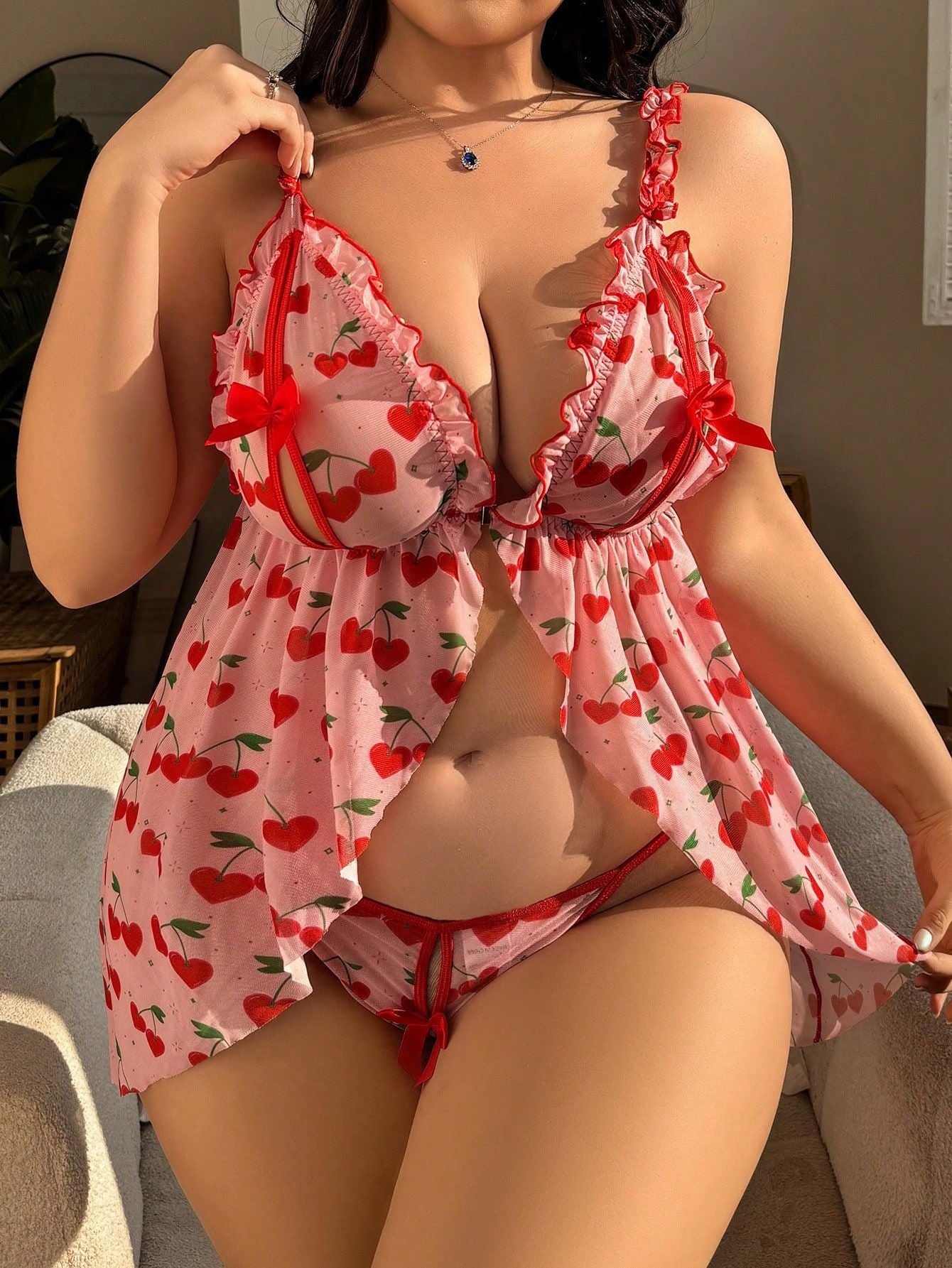 Plus Size Sexy Seduction Lace Mesh See-through Slip Dress Set