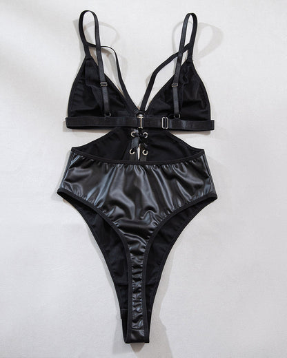 PU Leather Lace-up Cutout Bodysuit