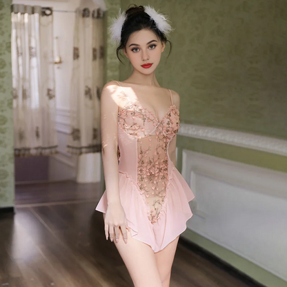 Deep V-neck Floral Embroidered Open-crotch Bodysuit