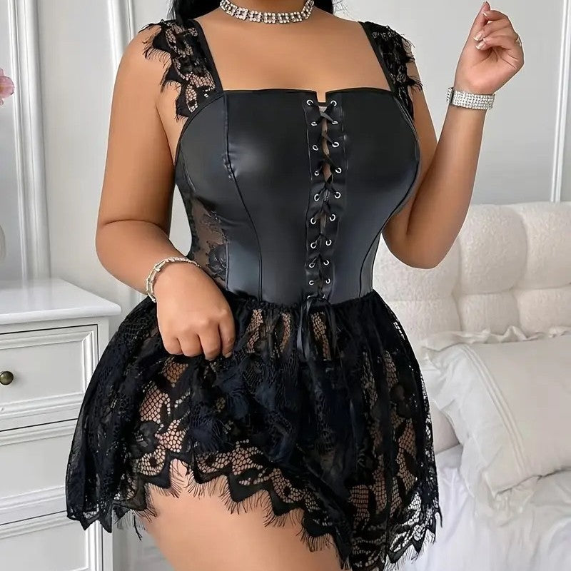 Gothic Lace Mini Dress with Square Neck Leather Lace Up Corset Dress