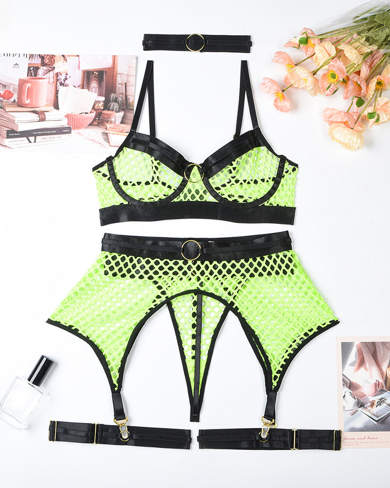 Fishnet Mesh Bra & Panty with Garter Belt