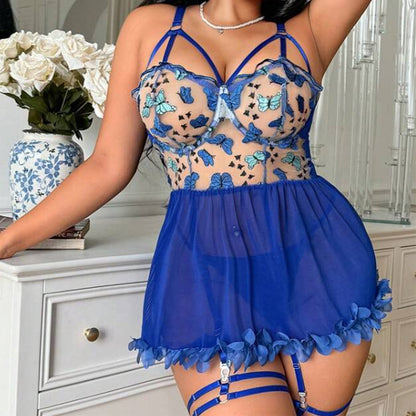 Plus Size Butterfly Embroidered Lace Sheer Dress