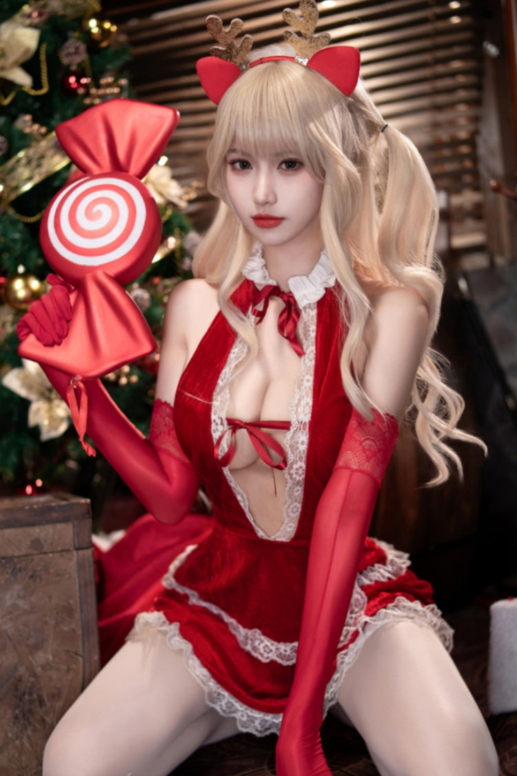 Christmas Sweetheart Deep V Halter Neck Dress Lingerie Set