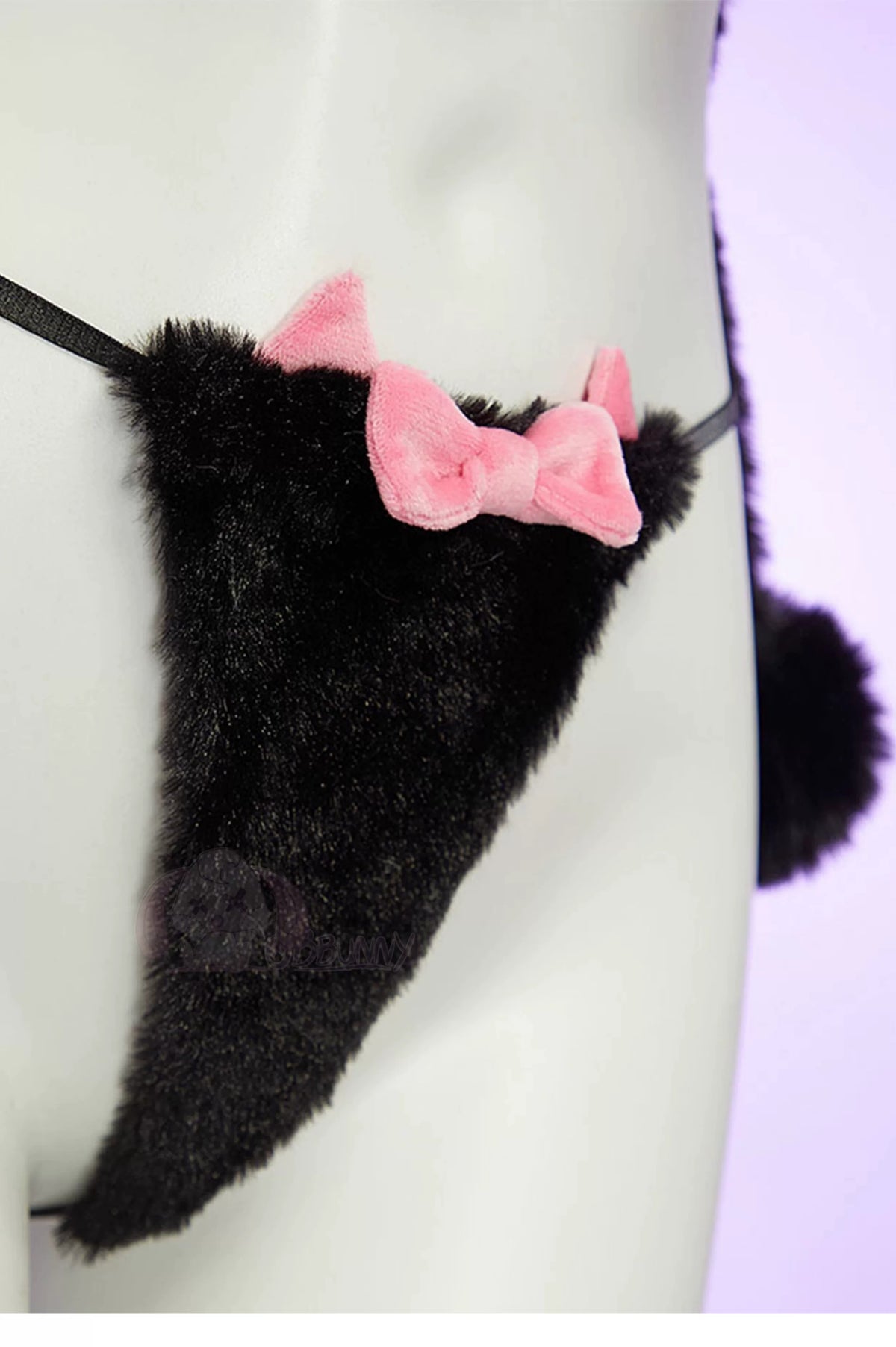 Cat Bunny Cosplay Lingerie Set Black Plush 2 Piece Top & Panties with Paw Print Tail