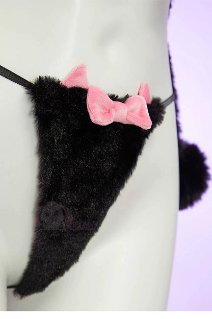 Cat Bunny Cosplay Lingerie Set Black Plush 2 Piece Top & Panties with Paw Print Tail
