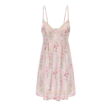 Floral Lace Deep V Trim Satin Dress