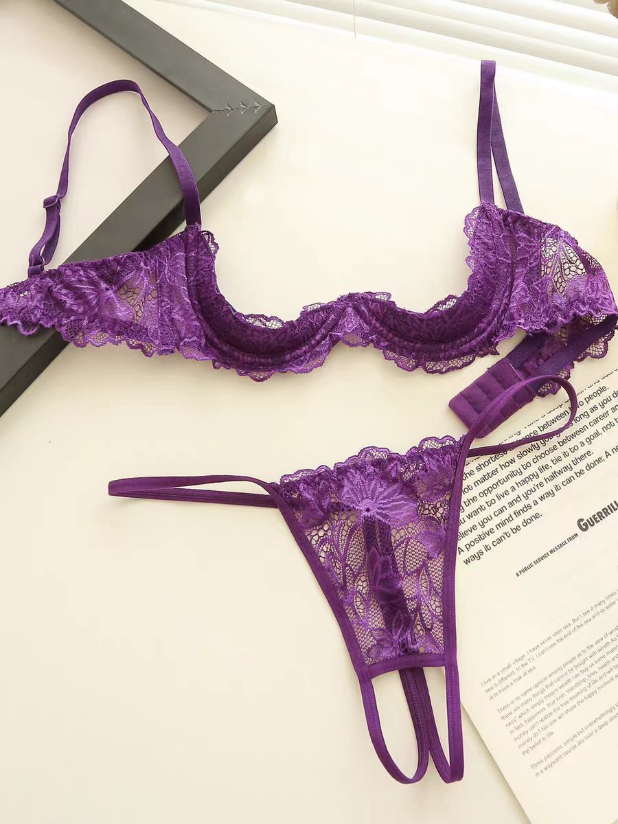 Purple Lace Half-Cup Bralette with Cut-out Detail