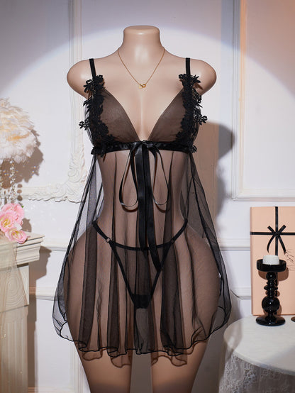 Black Sheer Mesh Babydoll Lingerie Deep V Lace Trim Strappy