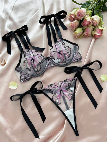 Butterfly Mesh Embroidery See-through Sexy Lingerie Set