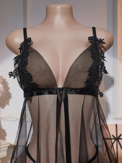 Black Sheer Mesh Babydoll Lingerie Deep V Lace Trim Strappy