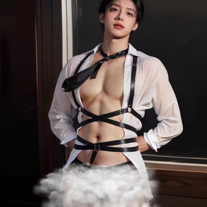 Men's Sheer Mesh Shirt with Leather Harness Choker See-Through Lingerie Top