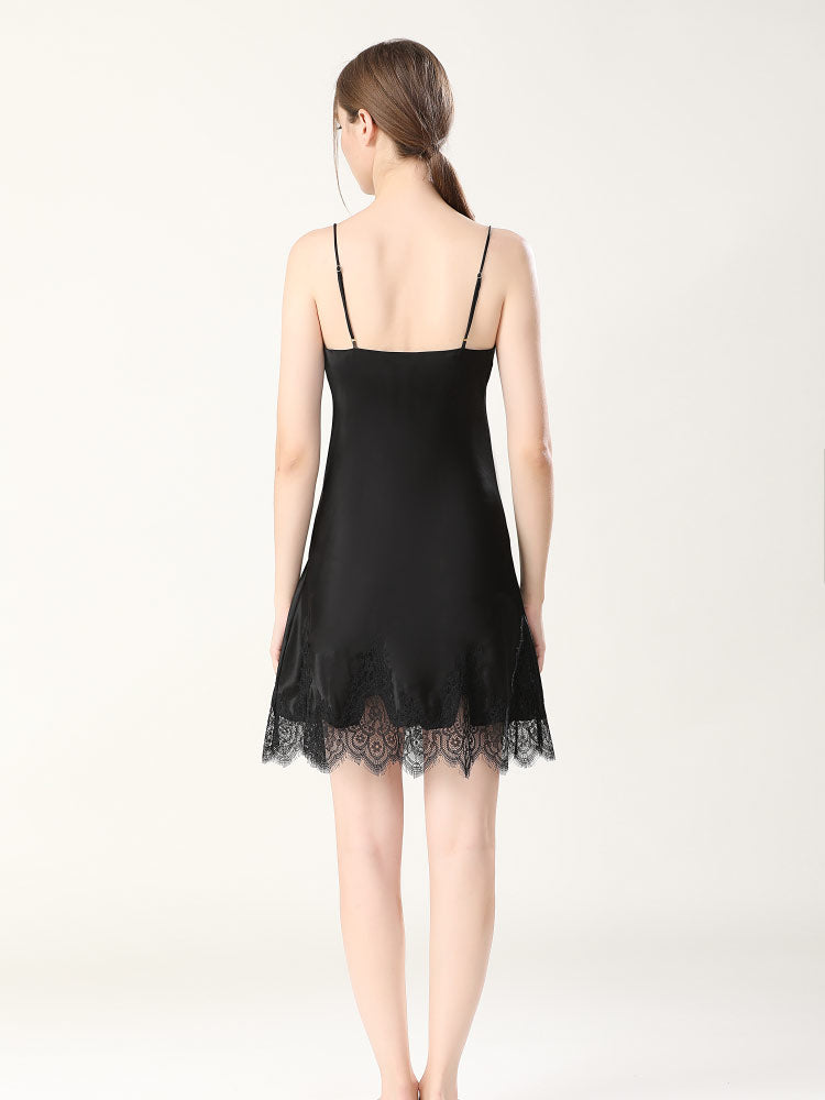 100% Mulberry Silk Sensual V-Neck Lace Nightgown
