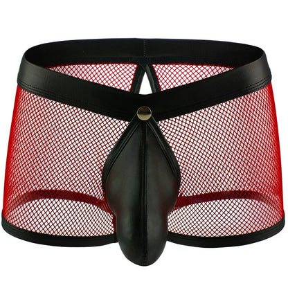 Men's Neon Mesh Boxer Briefs PU Leather Trim Pouch Low Rise Underwear