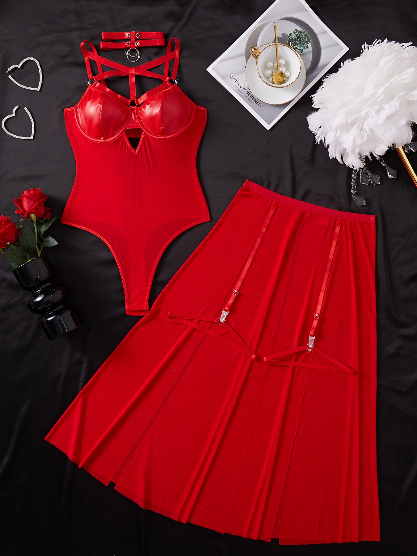 Criss-Cross Back Keyhole Bust & Garter Straps Patent Leather Lingerie Gown