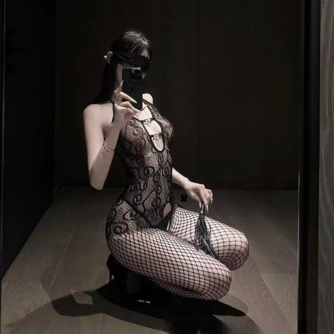 Black Halter Lace Fishnet Bodystocking