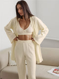 Loose Striped Long Pants Pajama Robe Set