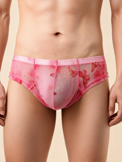 Men's Printed Bikini Briefs Pouch Low Rise Ice Silk Sheer Underwear