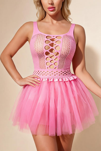 Rhinestone Fishnet Bodysuit Tutu Skirt Sexy Cut Out Lingerie Dress