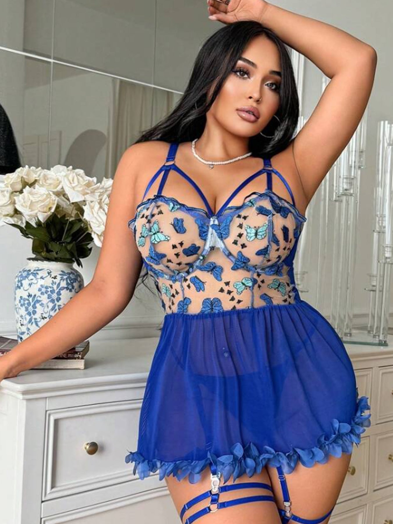 Plus Size Butterfly Embroidered Lace Sheer Dress