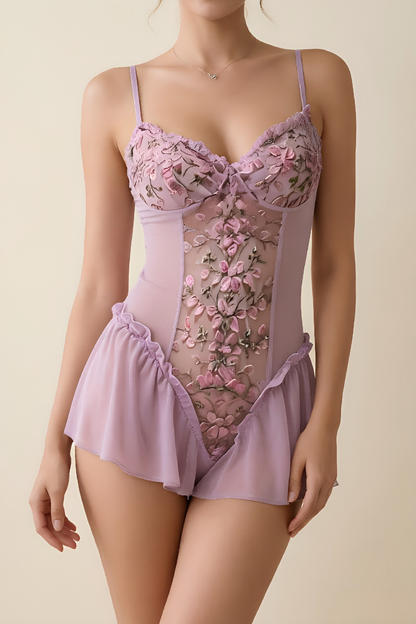 Deep V-neck Floral Embroidered Open-crotch Bodysuit