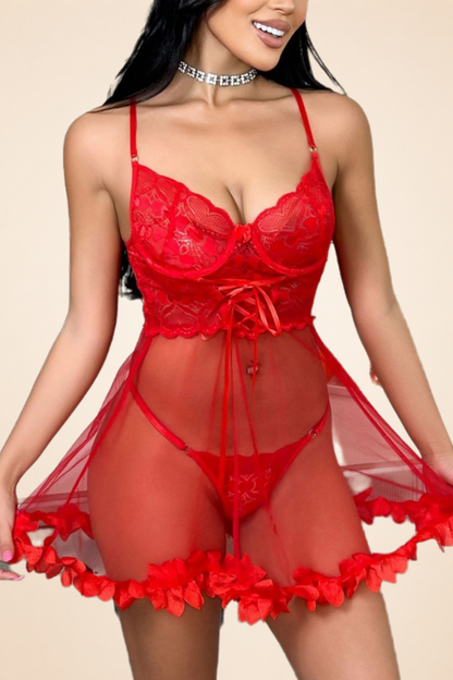 3D Floral Mesh Chemise with Corset Lace-Up Sexy See Through Lace Babydoll