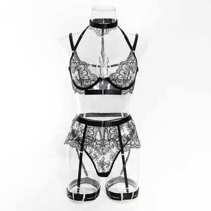 Sexy Lingerie 5-Piece Ensemble Floral Black Lace Garter Belt with Stocking Clips