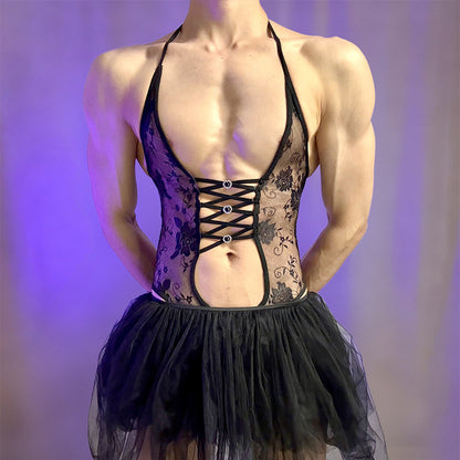 Men's Lace Halter Bodysuit with Tulle Skirt