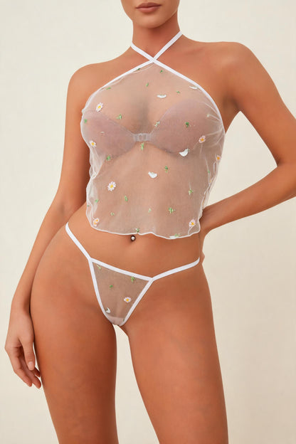 Plus Size Sheer Mesh Bra Panty Set Floral Print Halter Crop Top Lingerie