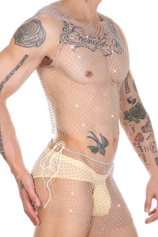 Men's Rhinestone Fishnet Mesh Bodysuit