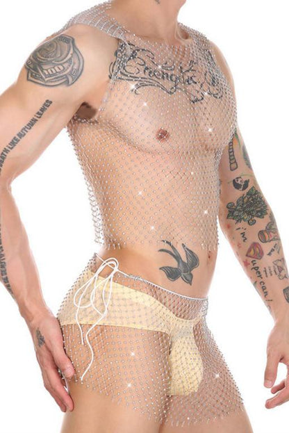Men's Rhinestone Fishnet Mesh Bodysuit
