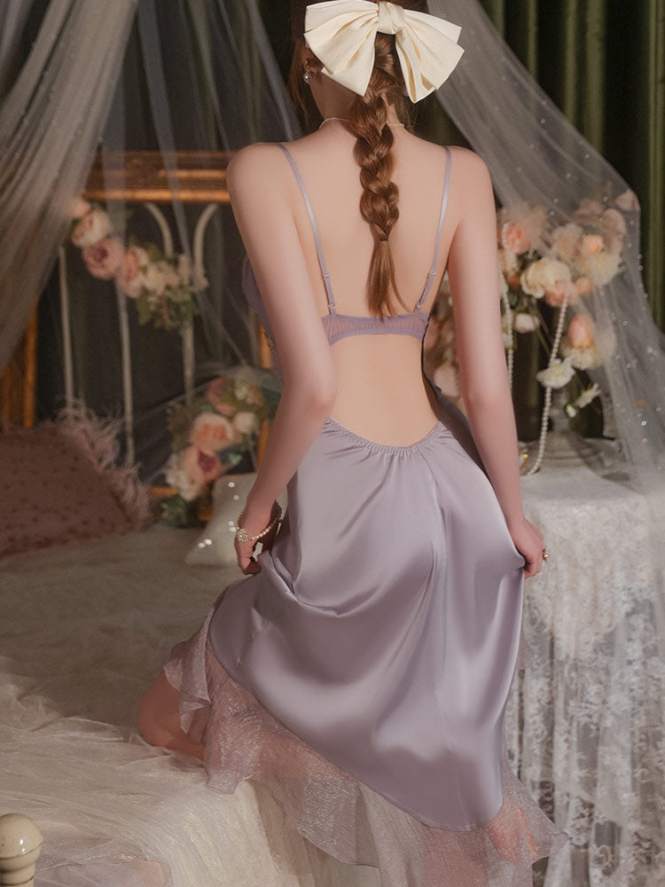Sexy Embroidered Lace Backless Satin Nightgown Set
