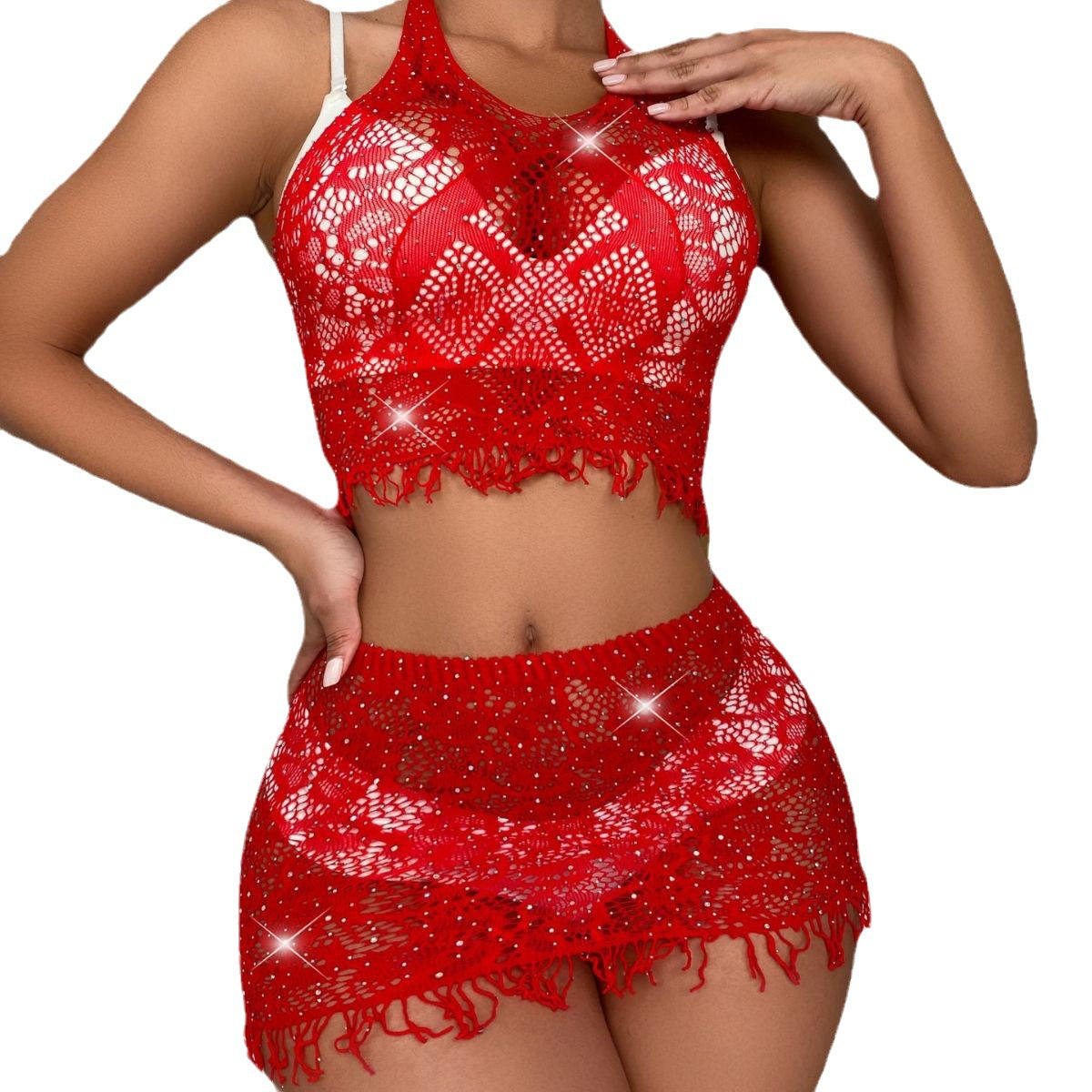 Hot Drilling Lingerie Two-Piece Set Tempting Uniform-Style Jumpsuit