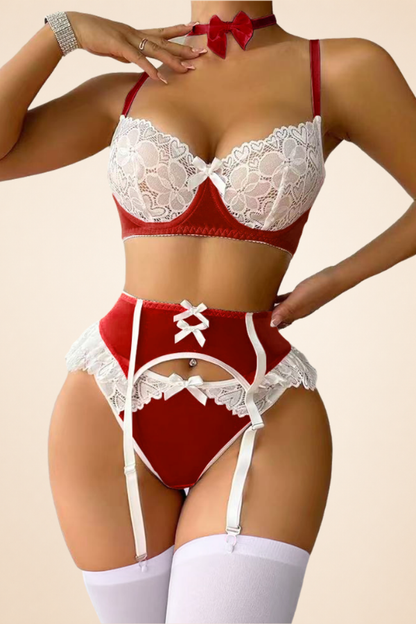 Bow Detail Choker Garter Straps & Thong Lace Bodysuit