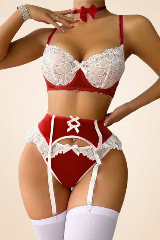 Bow Detail Choker Garter Straps & Thong Lace Bodysuit